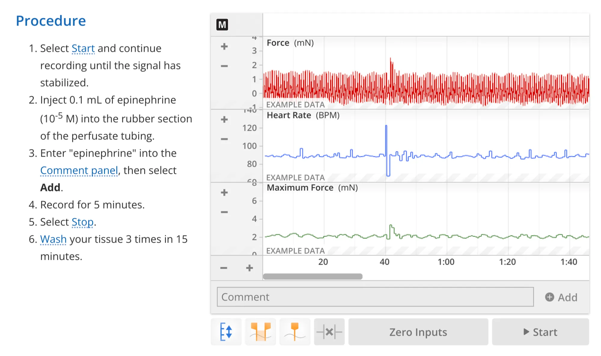 A screenshot of the Lt interface showing example data in a Data Sampling Panel. The screenshot is taken from the "Mammalian Heart" Lab.