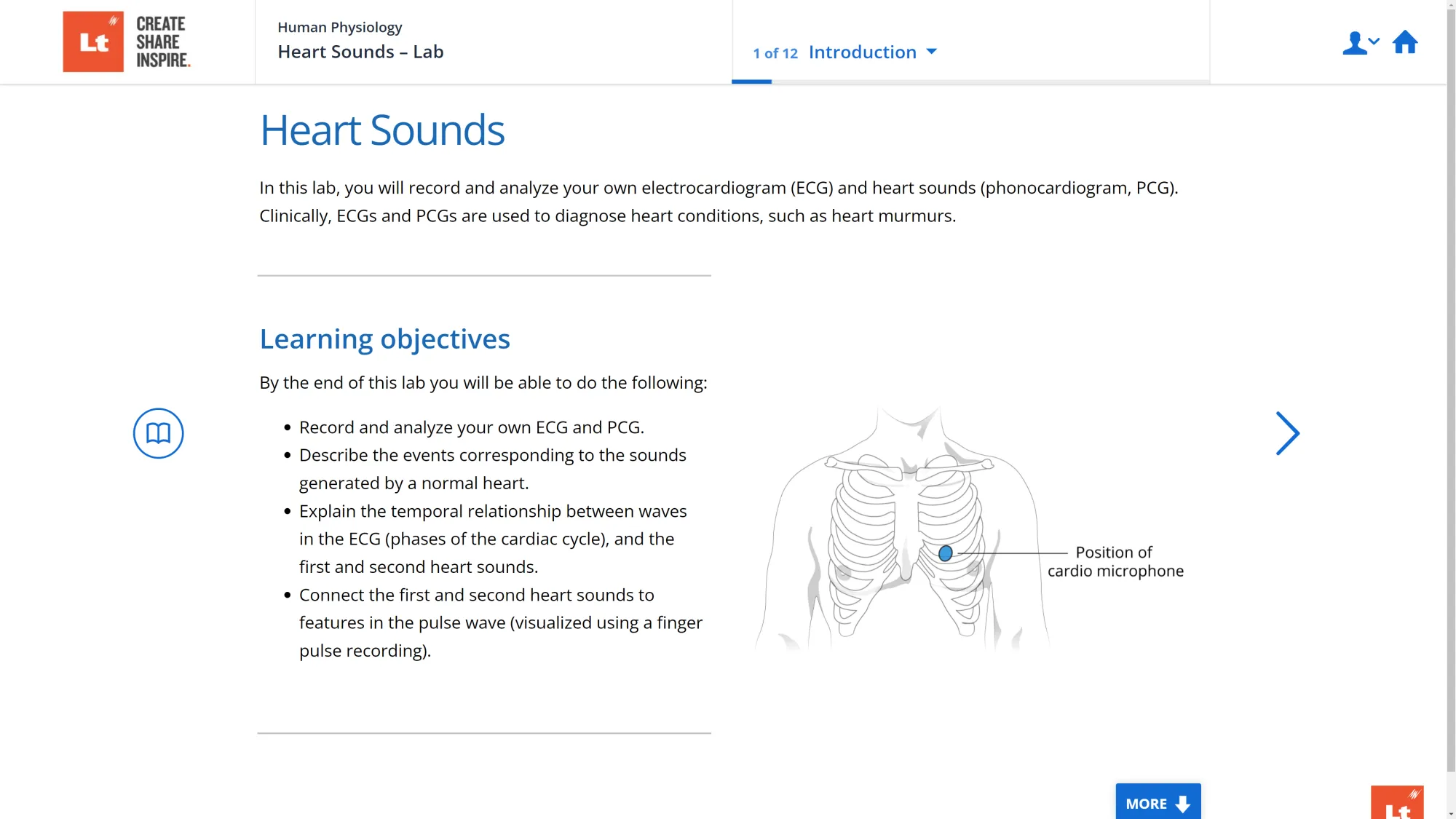 A screenshot of the Heart Sounds Lab in Lt showing a diagram of a human abdomen. The diagram shows the ribs and the position of the cardio microphone.