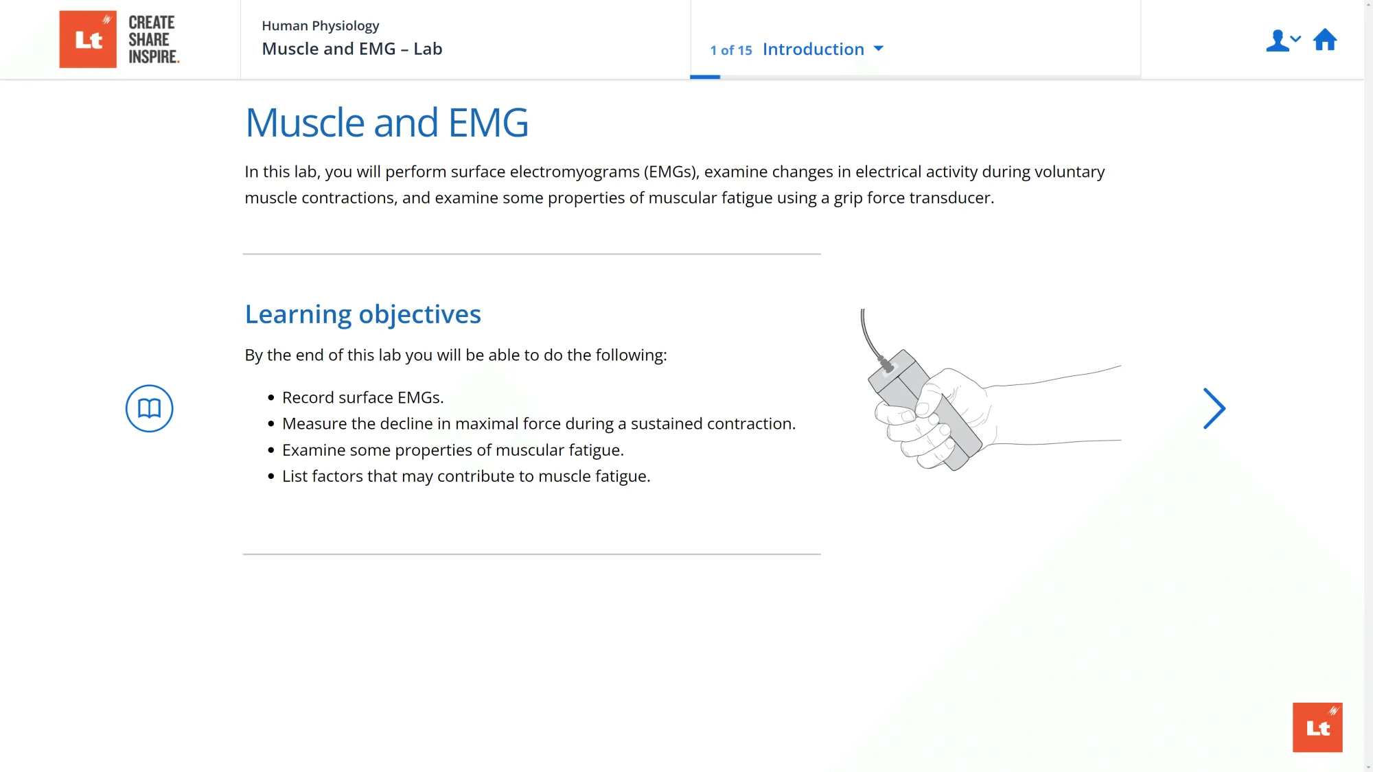 A screenshot of the Heart and ECG Lab in Lt showing a diagram of a hand squeezing a Grip Force transducer.