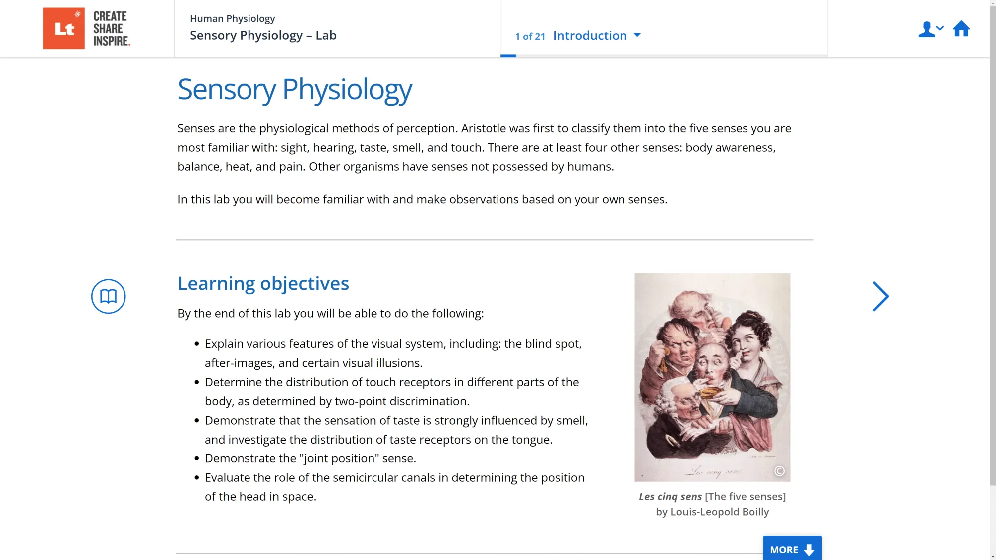 A screenshot of the Sensory Physiology Lab in Lt showing a painting by Louis-Leopold Boilly called Les cinq sens [The five senses].