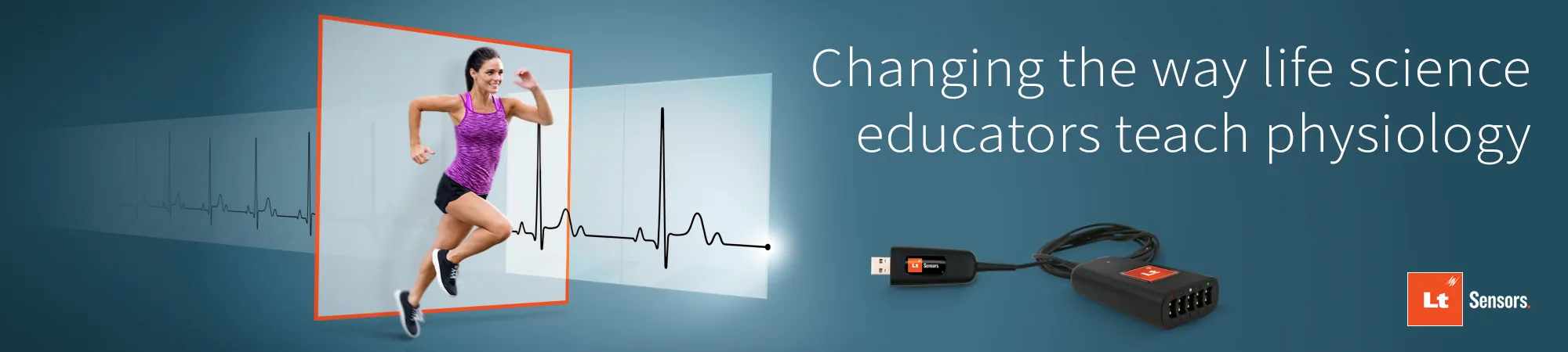 A blue banner that shows a woman smiling and running. An ECG trace appears behind her. The text, "Changing the way life science educators teach physiology" appears in the top-right of the banner. Below the text appears an Lt Sensors Biopotential Sensor and the Lt Sensors logo.