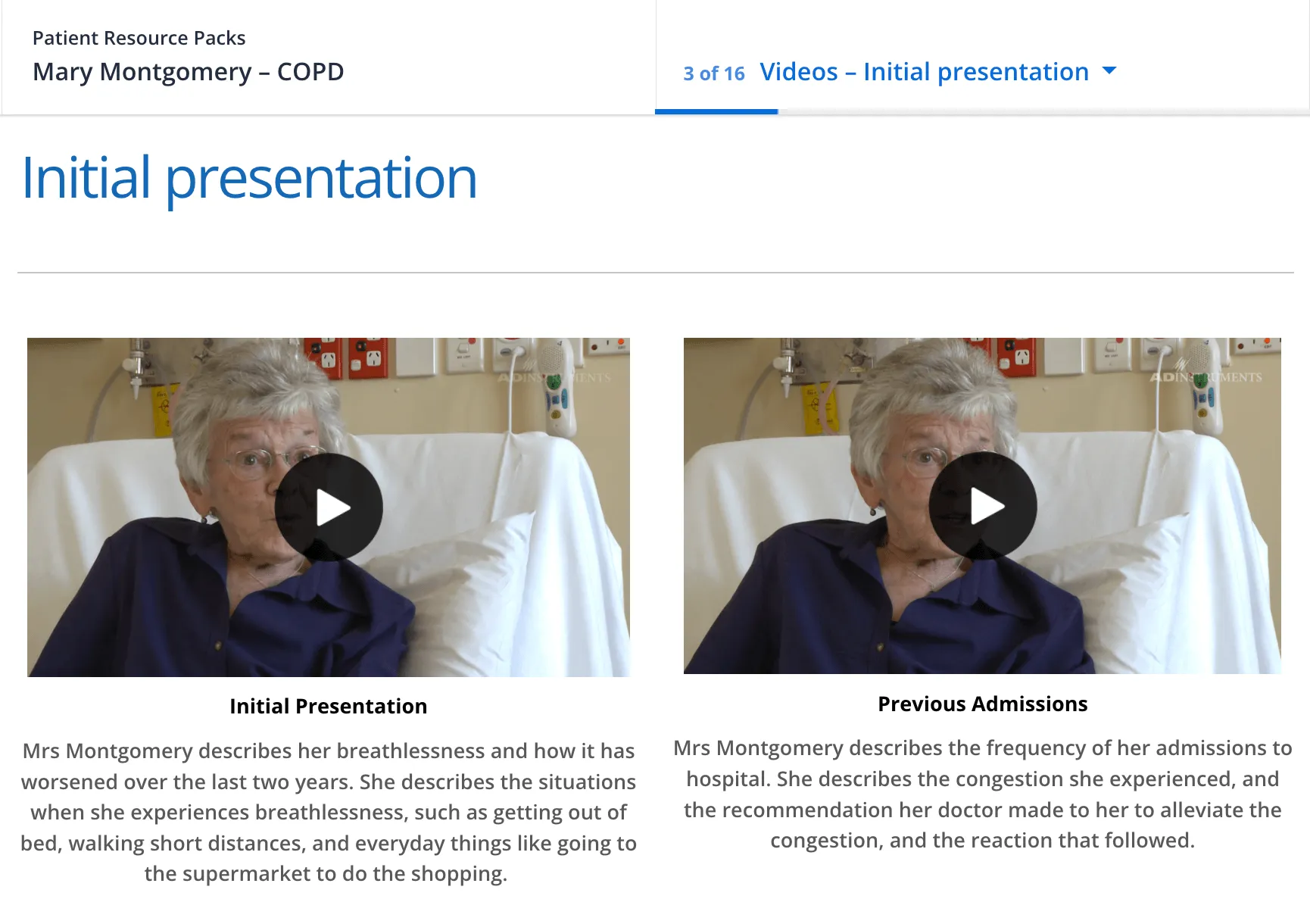 A screenshot of the Lt interface showing two videos of Mrs. Mary Montgomery, i.e. her initial presentation.