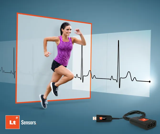 A blue blog list image that shows a smiling woman running. Behind her is an ECG trace. The Lt Sensors logo appears in the bottom-left of the image, and a Lt Sensors Biopotential Sensor appears in the bottom-right.