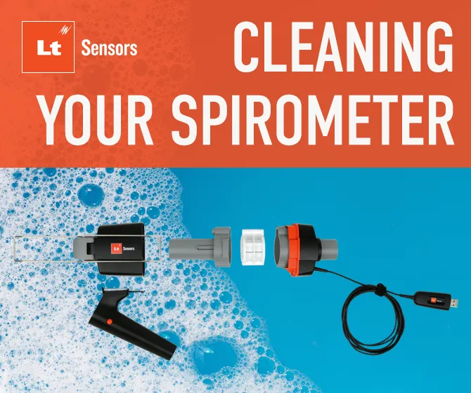 An image of the Lt Sensors Spirometer, disassembled into its component parts, against a blue background that features white soap suds. An orange banner at the top of the image has white text overlaid that reads, "Cleaning your spirometer". The Lt Sensors logo appears in the top left of the image.