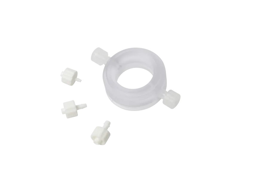 A white, plastic Mask Adapter Assembly that connects the V2 Face Mask to the Series 2-Way Y-Shape Non-Rebreathing Valve. Includes sampling ports (2 female luer).