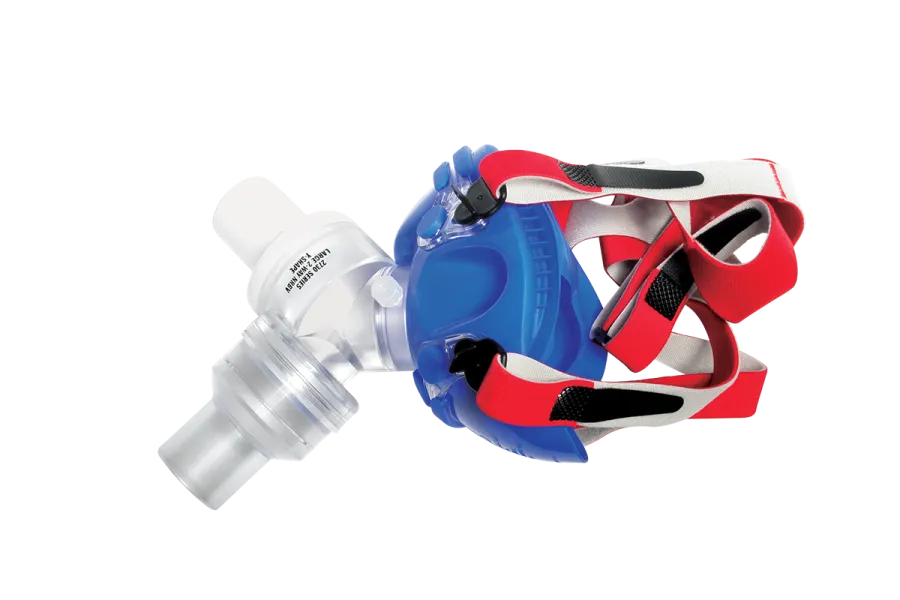 A red and blue V2 silicon face mask with a Y-shaped two-way non-rebreathing valve attached.