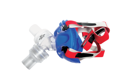 A red and blue V2 silicon face mask with a Y-shaped two-way non-rebreathing valve attached.